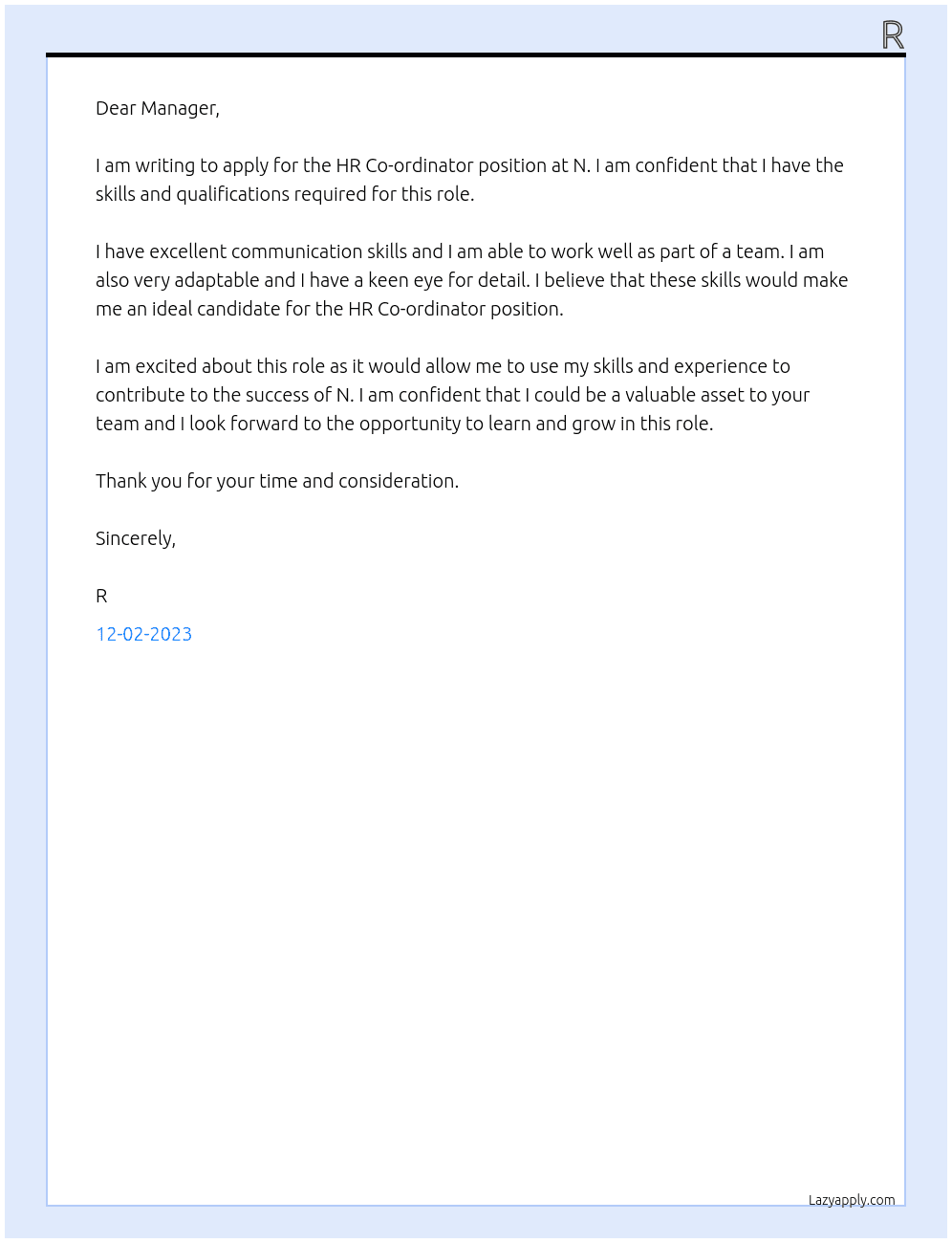 HR Co-ordinator At N Cover Letter