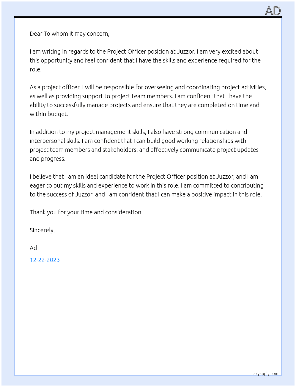 Project officer At Juzzor Cover Letter