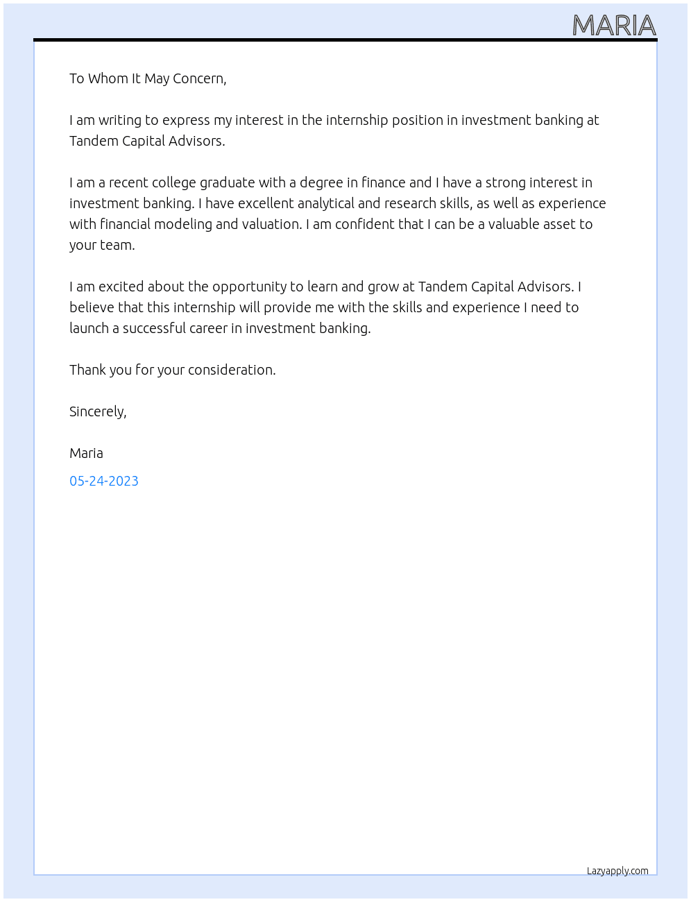 Internship in Investment Banking At Tandem Capital Advisors Cover Letter