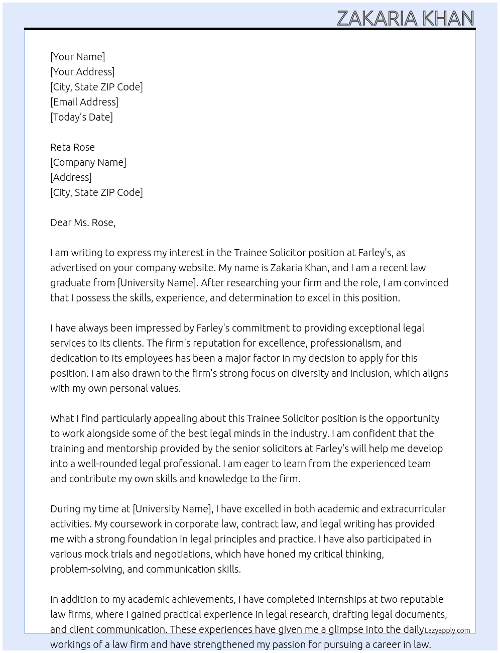 Trainee Solicitor At Farley's Cover Letter