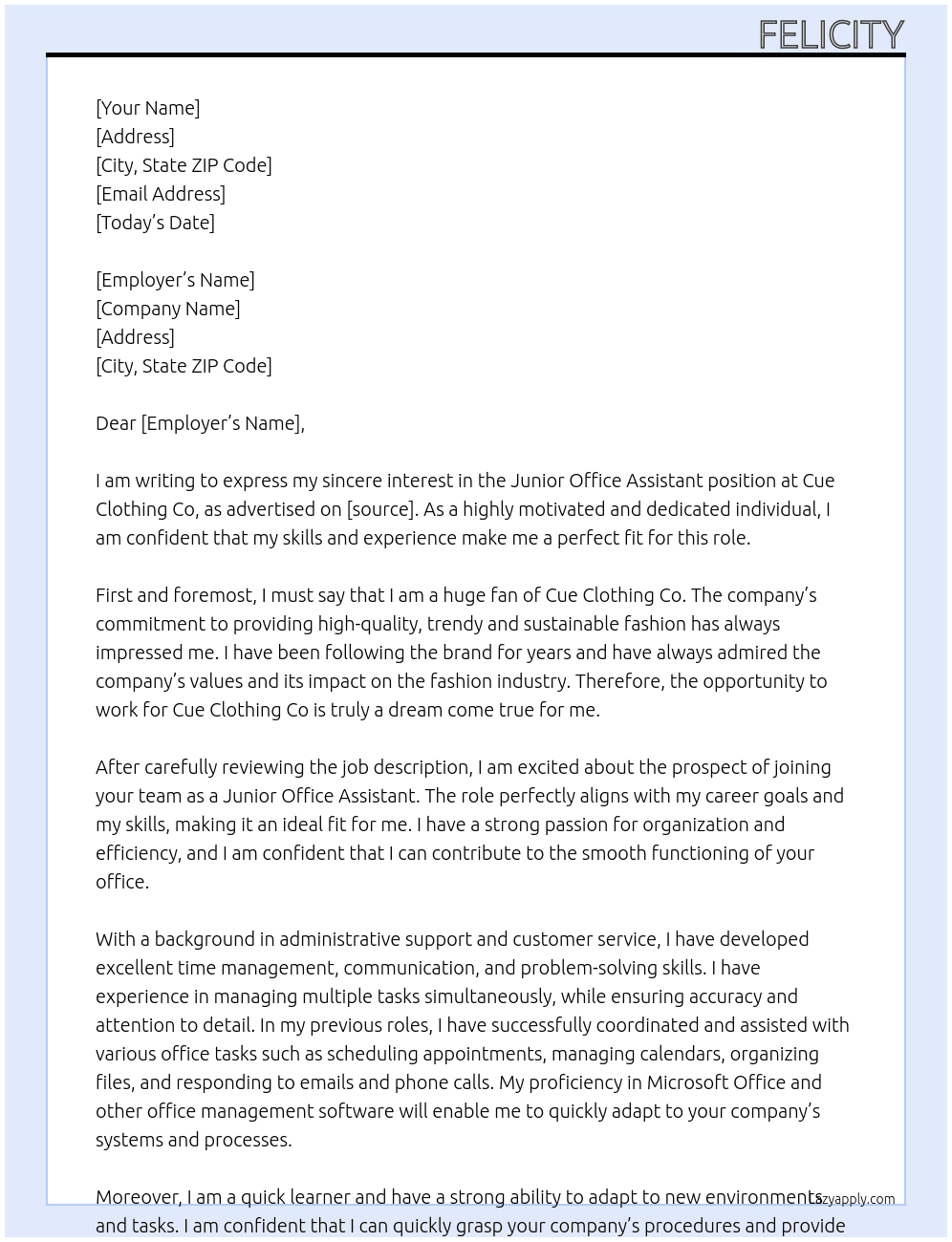 Junior office assistant  At Cue Clothing Co Cover Letter