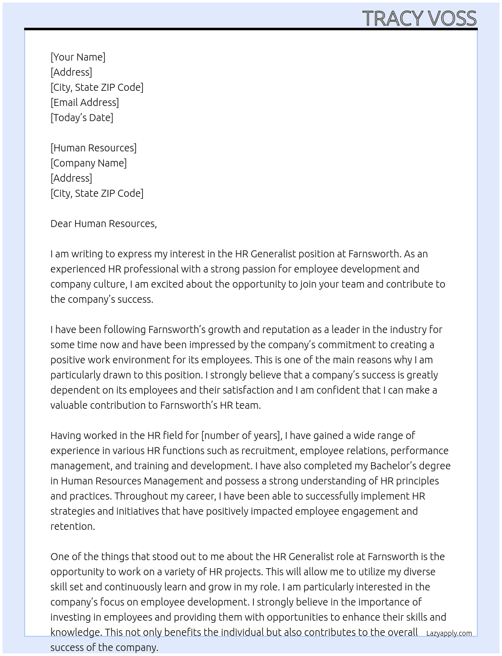 HR Generalist At Farnsworth Cover Letter