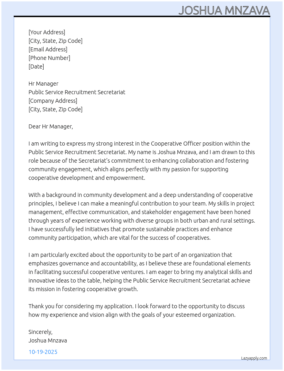 Cover letter for cooperative officer - LazyApply