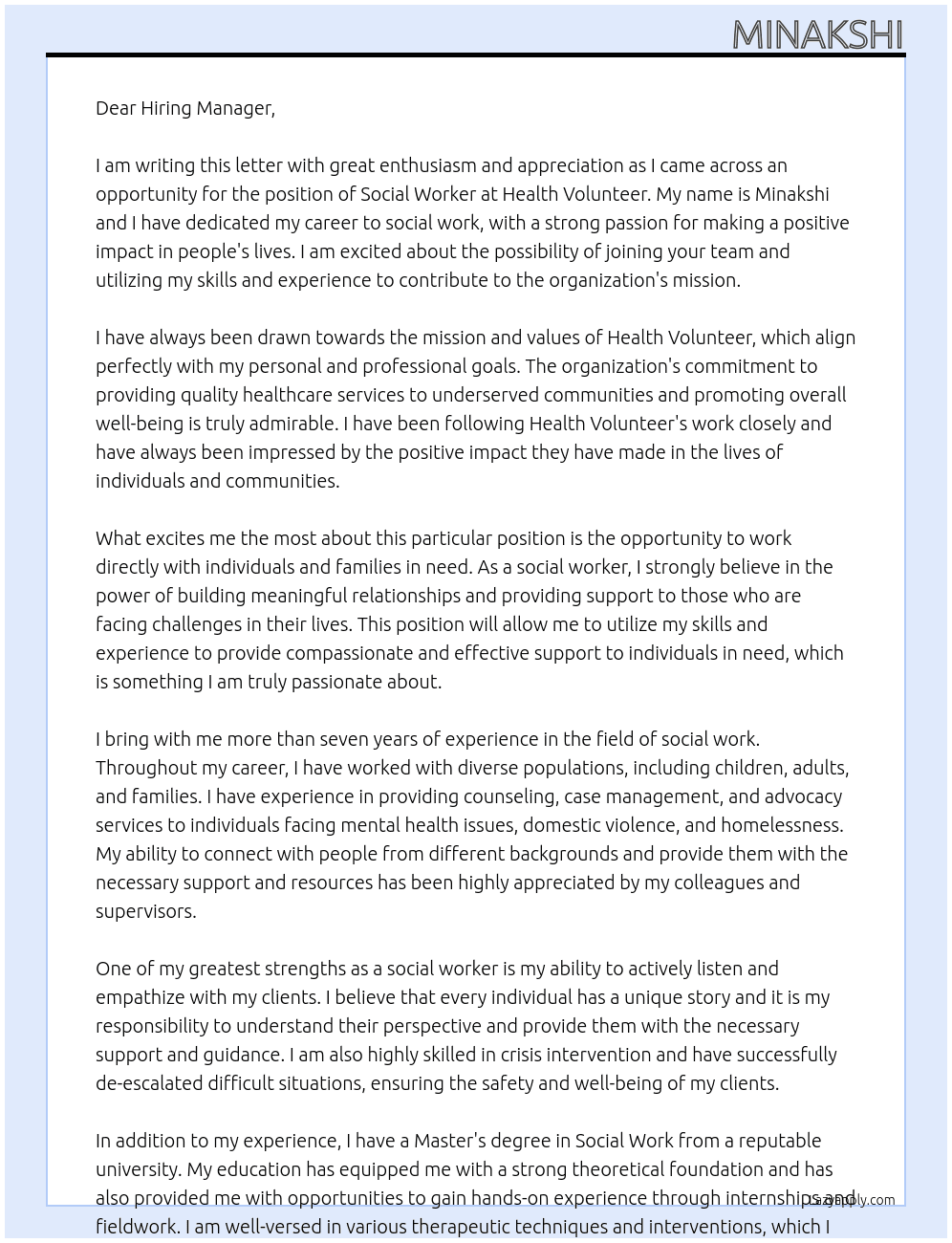 Social work At Health Volunteer Cover Letter