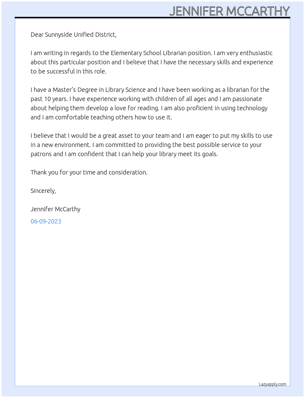 Elementary School Librarian  At Sunnyside Unified District Cover Letter