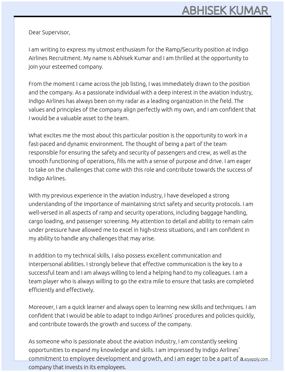 Cover letter for ramp/security - LazyApply