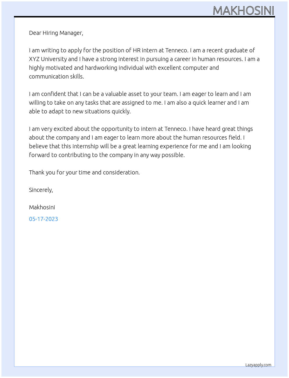 HR intern  At Tenneco  Cover Letter