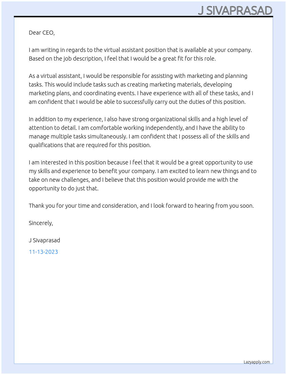 Virtual assistant At New company Cover Letter