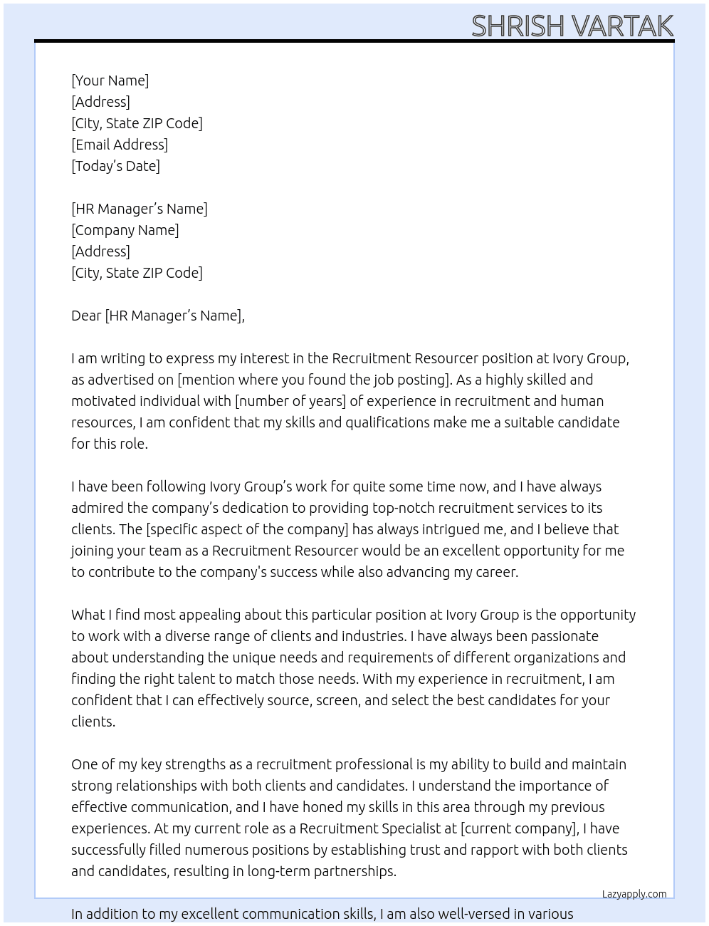 Recruitment Resourcer At Ivory Group Cover Letter