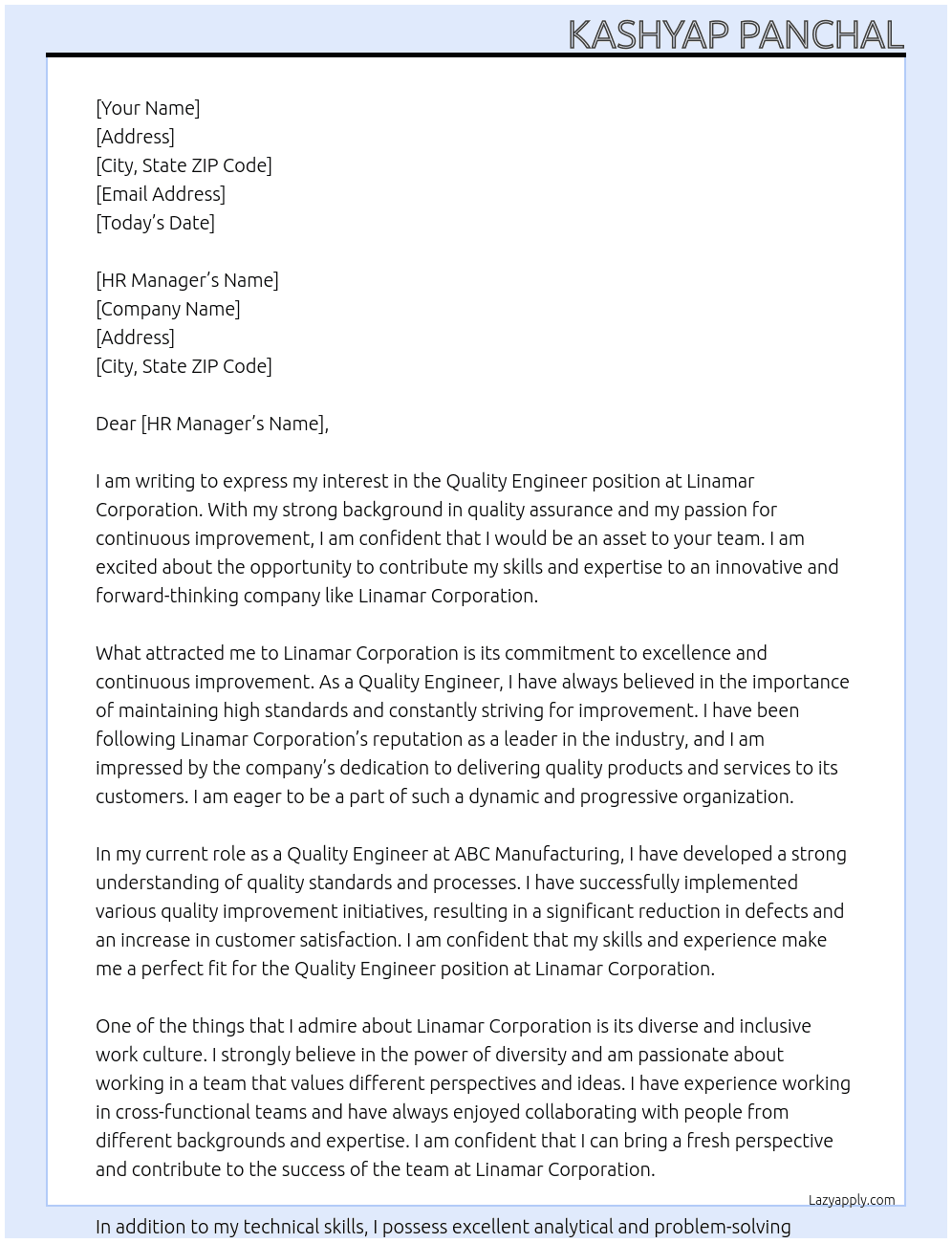 Quality Engineer At Linamar Corporation Cover Letter