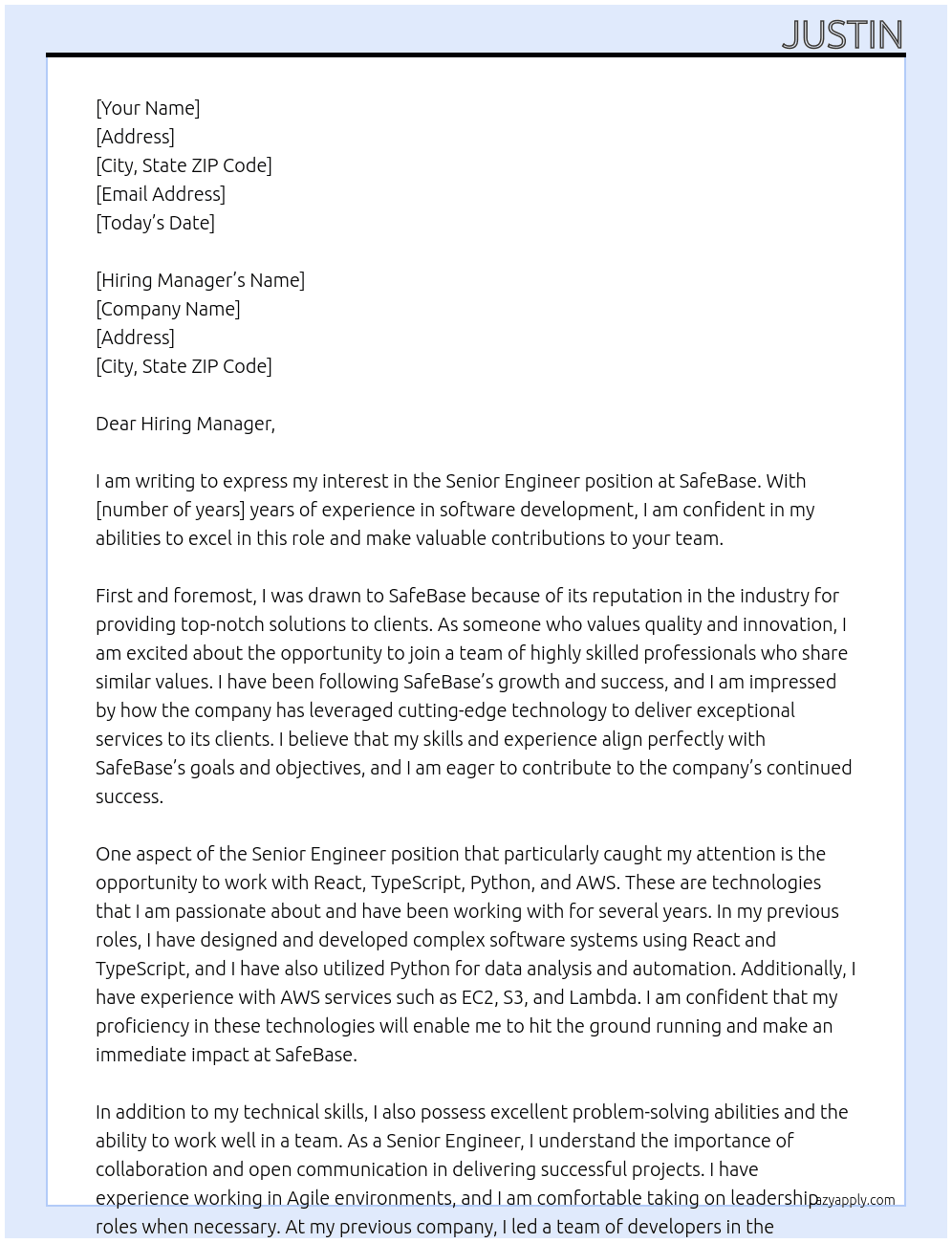 Senior Engineer At SafeBase Cover Letter