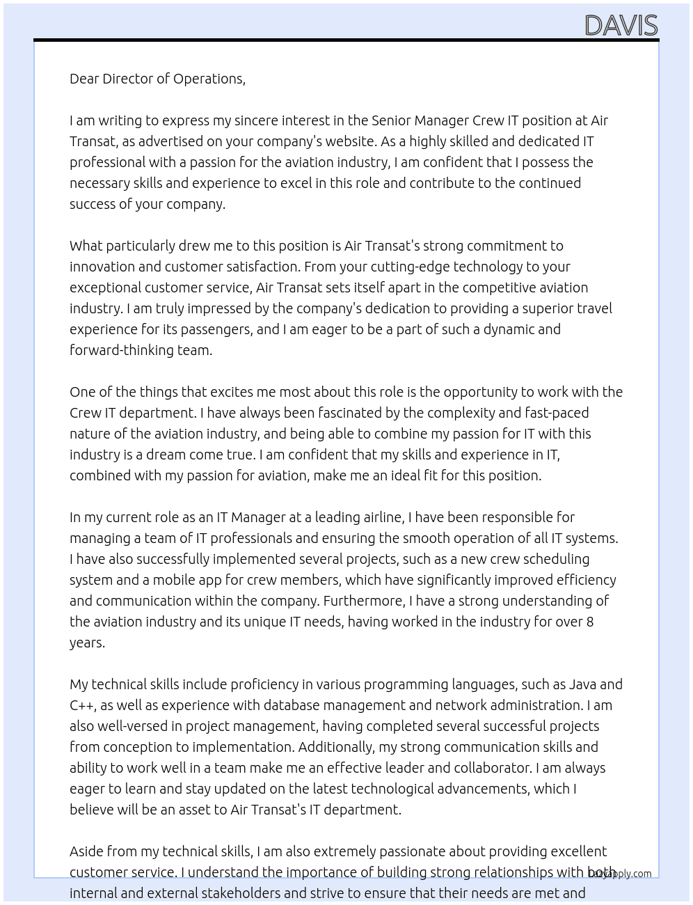 Senior Manager Crew IT At Air Transat Cover Letter