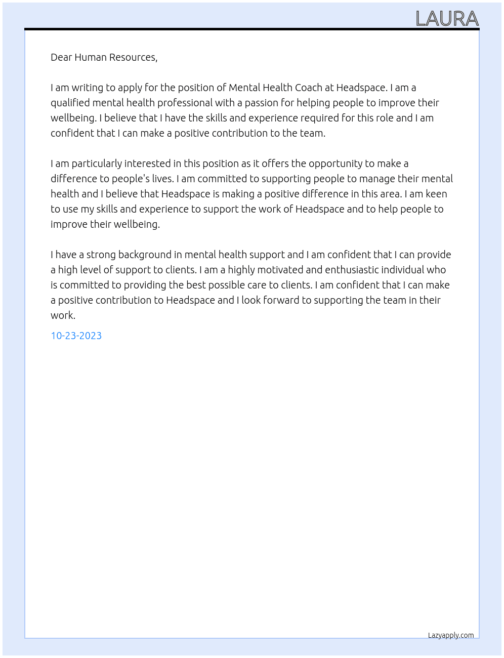 Mental Health Coach At Headspace Cover Letter