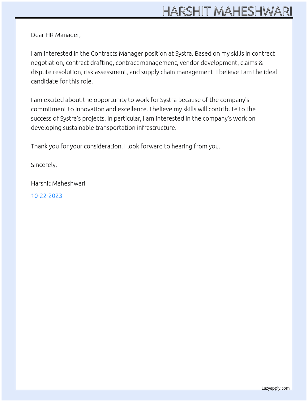 Contracts Manager At Systra Cover Letter