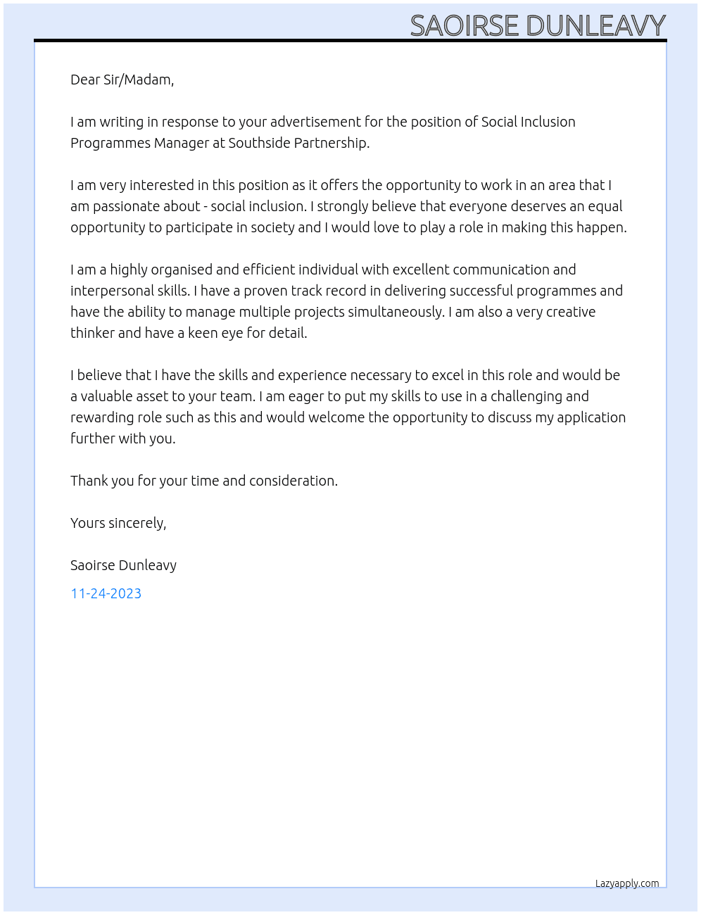 Social Inclusion Programmes Manager At Southside Partnership Cover Letter