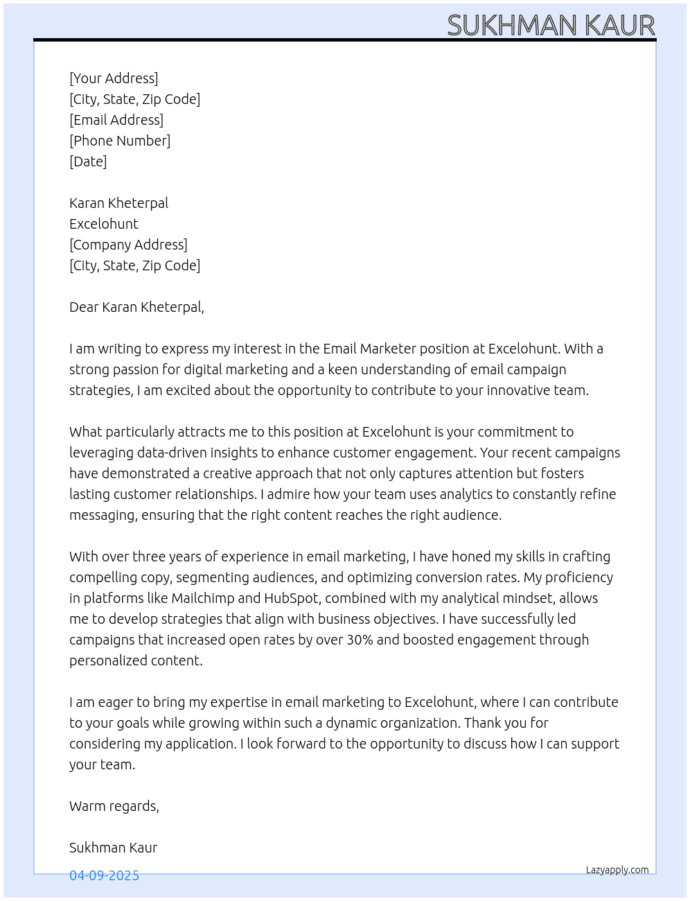 email marketer At Excelohunt Cover Letter