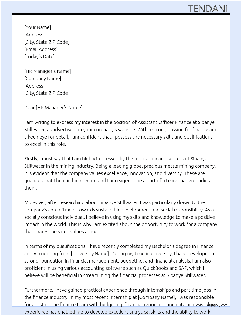 Cover letter for assistant officer finance - LazyApply