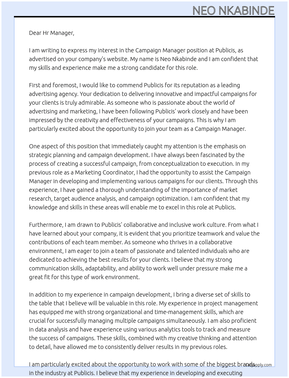 Campaign Manager At Publicis  Cover Letter