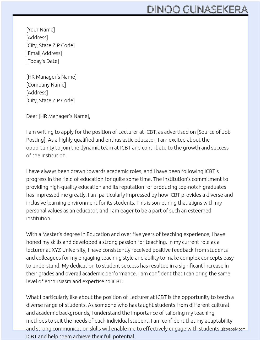 Lecturer At ICBT Cover Letter