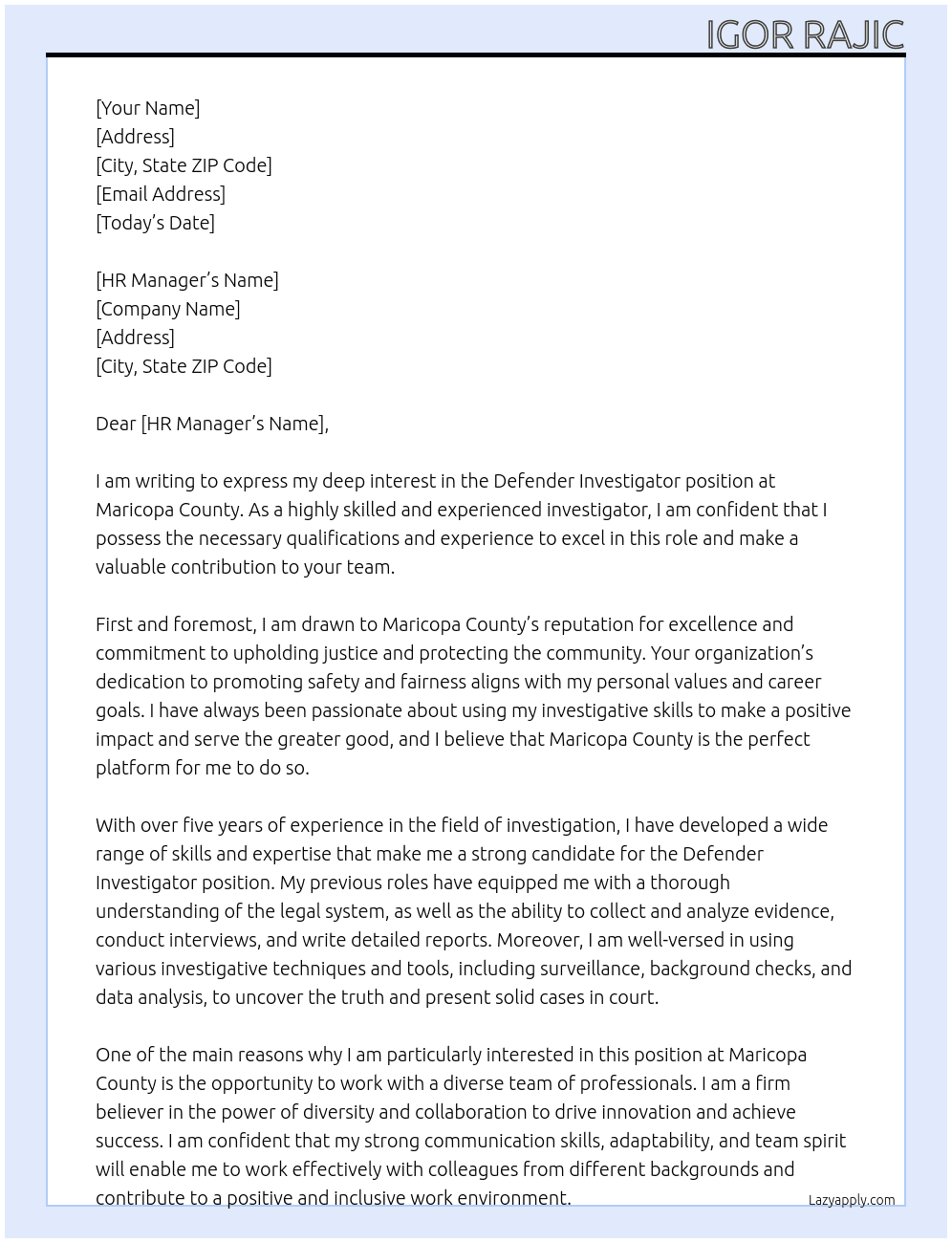 Defender investigator At Maricopa County Cover Letter