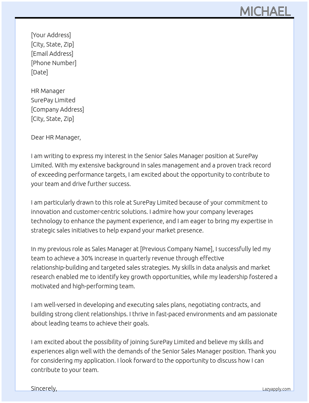 Cover letter for senior sales manager - LazyApply