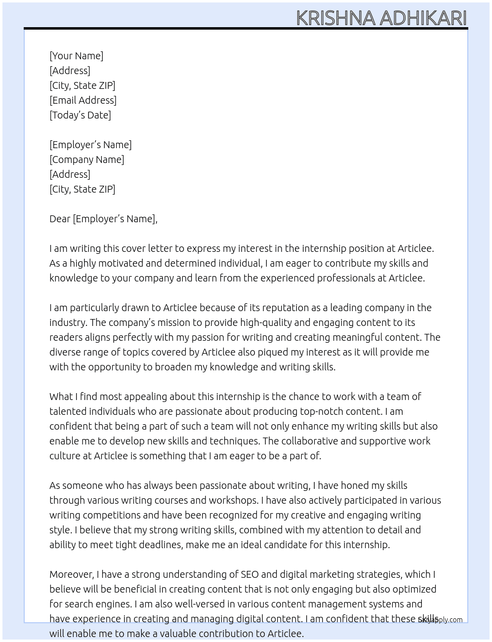 internship At articlee Cover Letter
