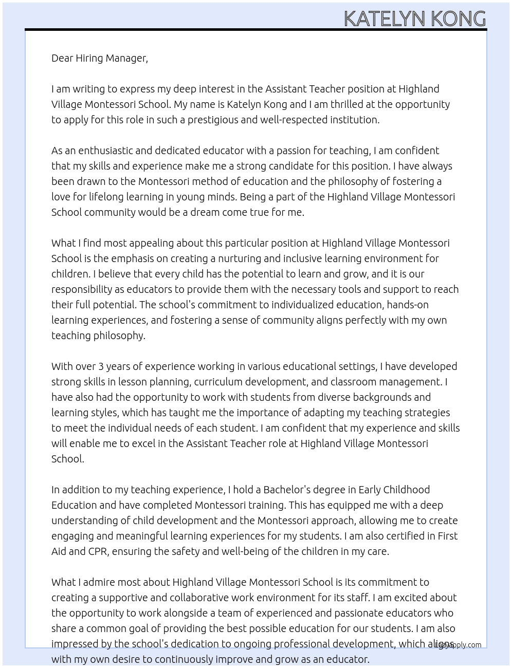 Assistant Teacher  At Highland Village Montessori School Cover Letter