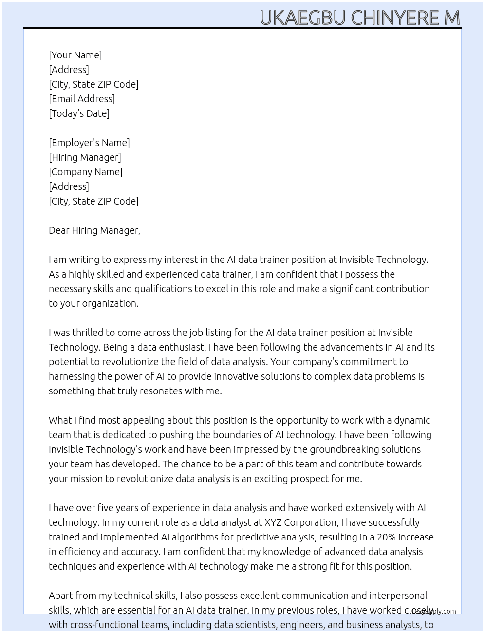 AI data trainer At invisible technology Cover Letter