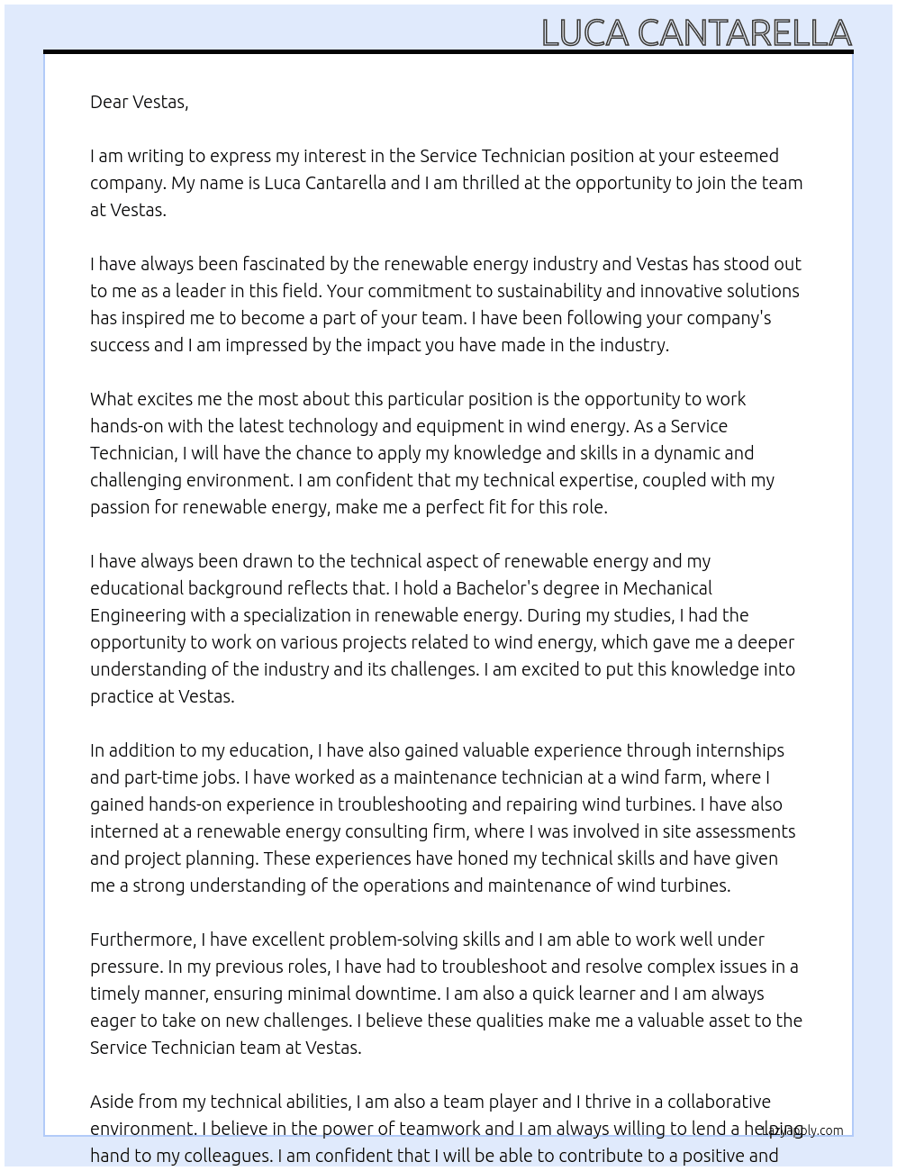 Service Technician At Vestas Cover Letter
