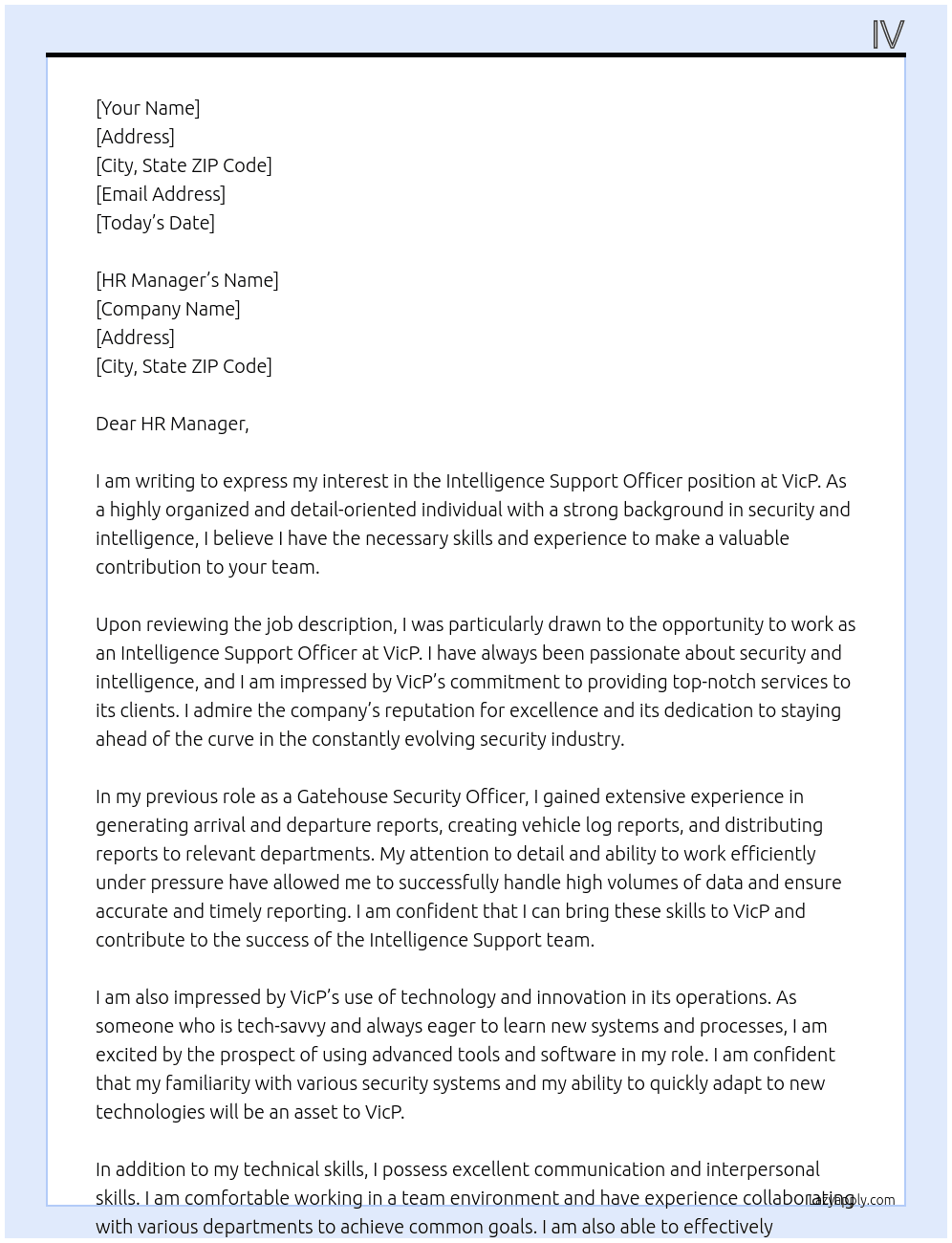Intelligence Support Officer At VicP Cover Letter