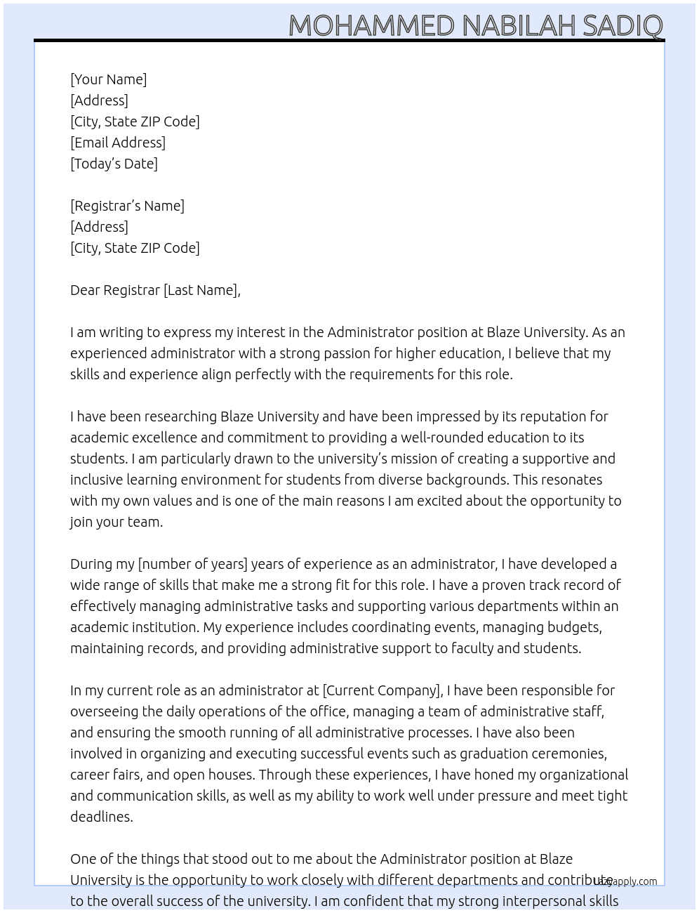 Administrator At Blaze university Cover Letter
