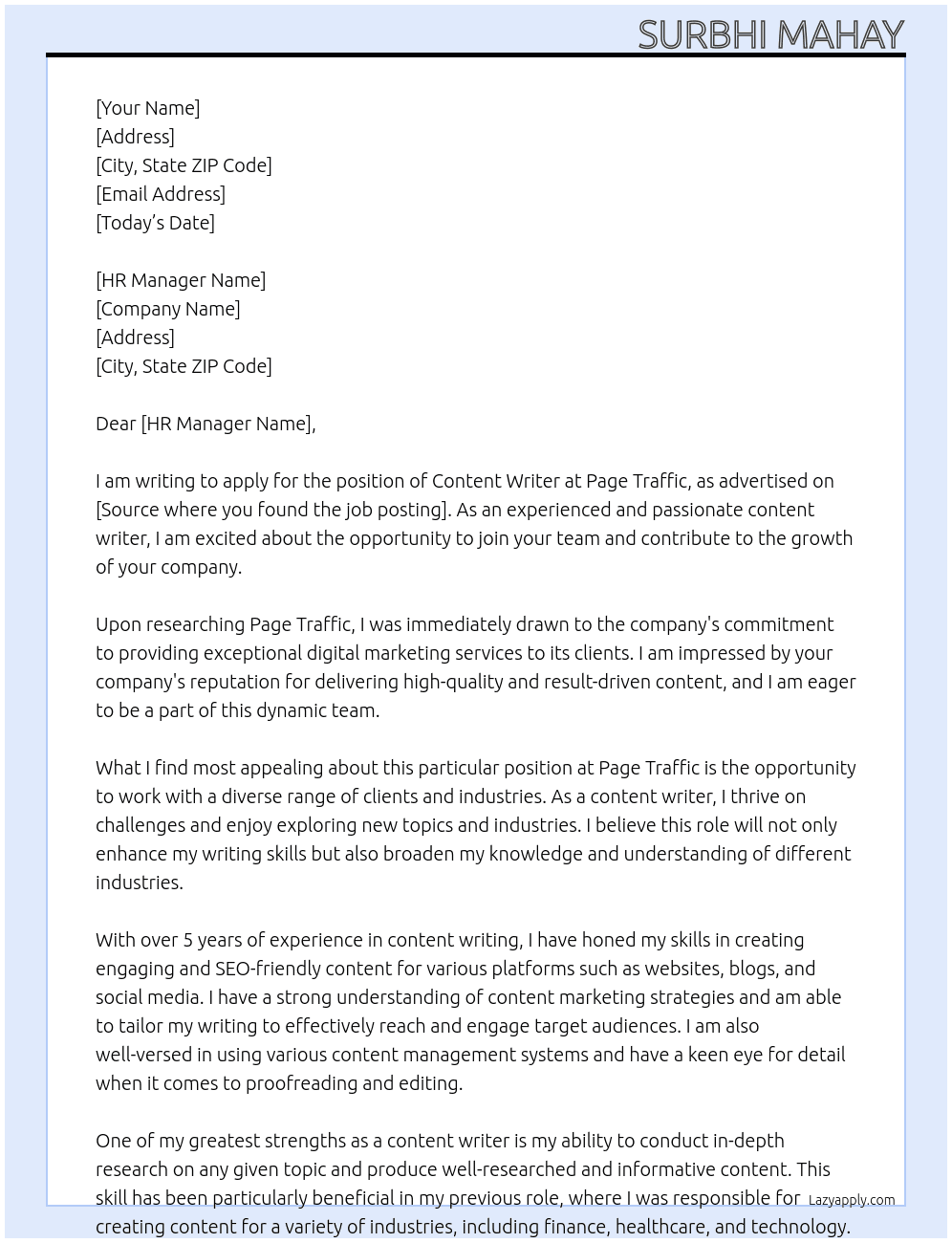 Content writer  At Page traffic  Cover Letter