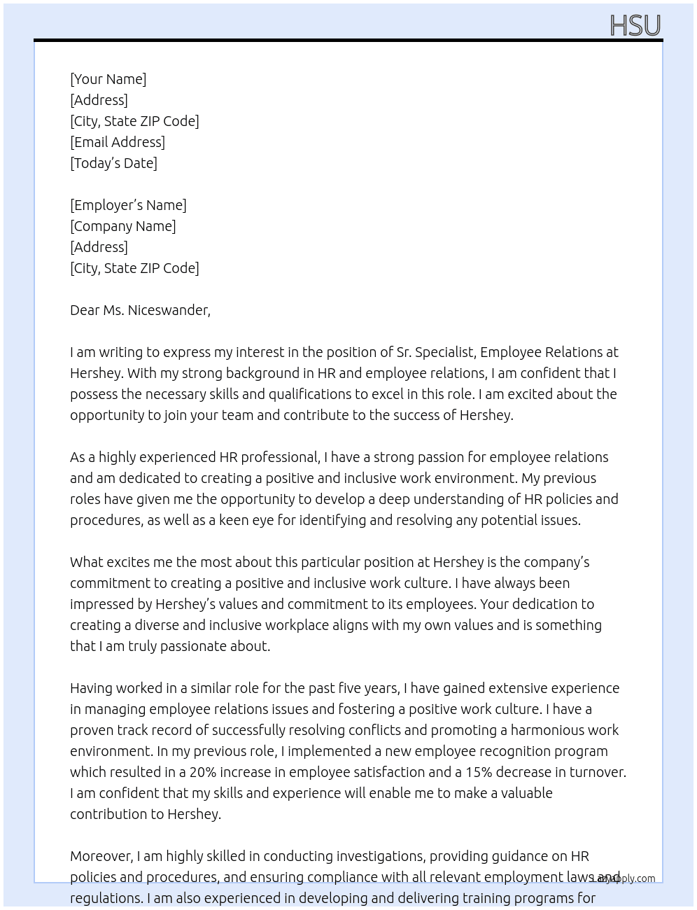 Sr.Specilaist, Employee Relation At Hershey Cover Letter