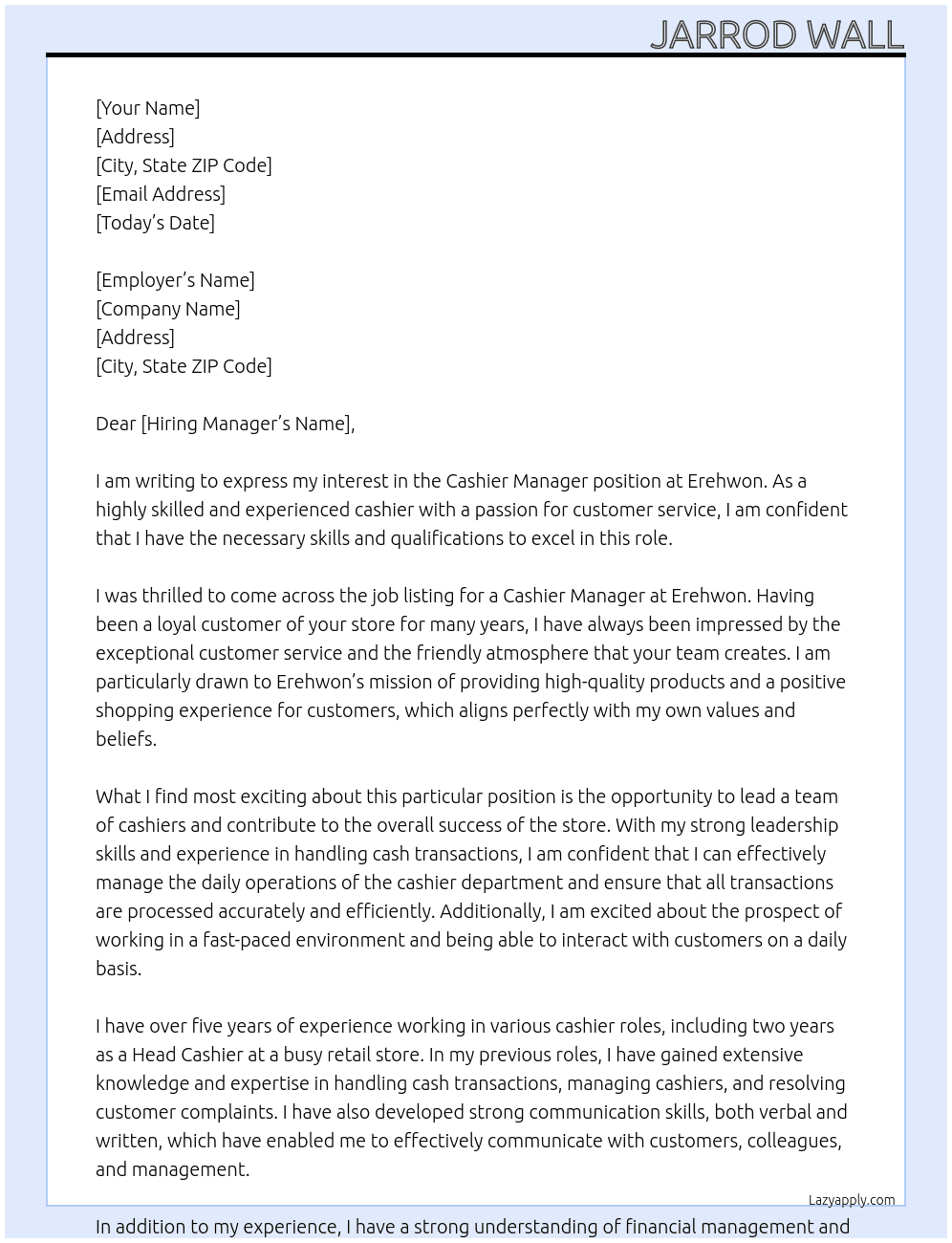 Cashier manager At erewhon Cover Letter