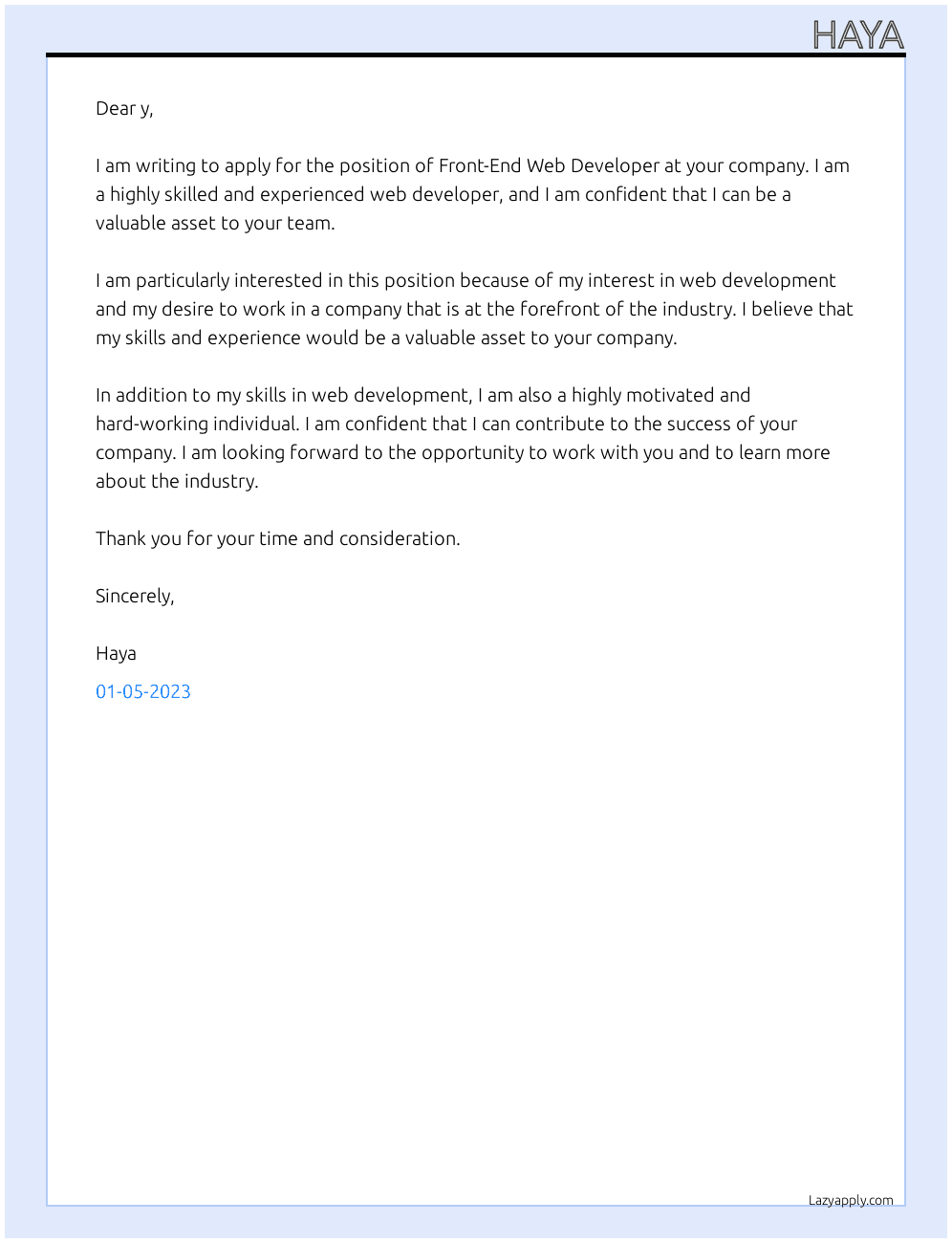 Front-end web developer At y Cover Letter