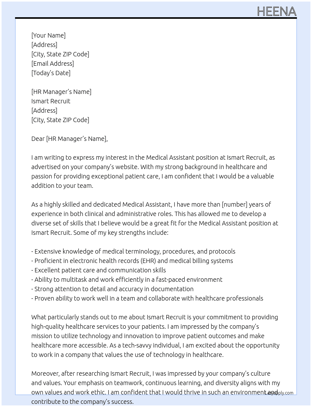 Medical assistant  At Ismart recruit Cover Letter