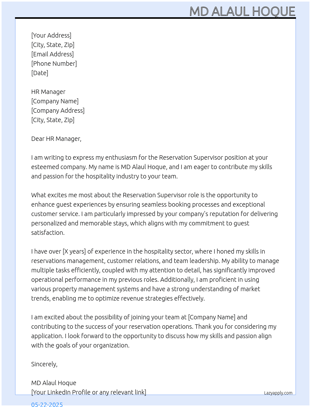hospitality At RESERVATION SUPERVISOR Cover Letter