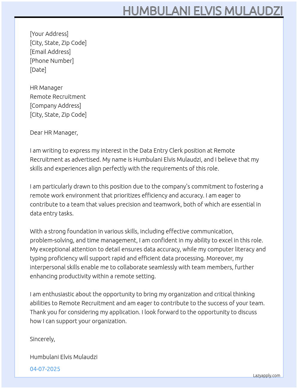 Data Entry Clerk At Remote Recruitment Cover Letter