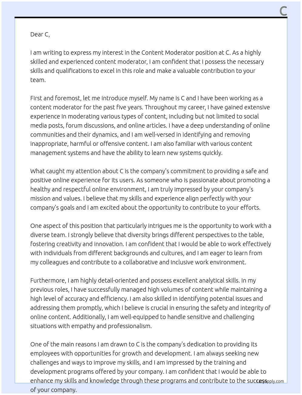 Content moderator At C Cover Letter