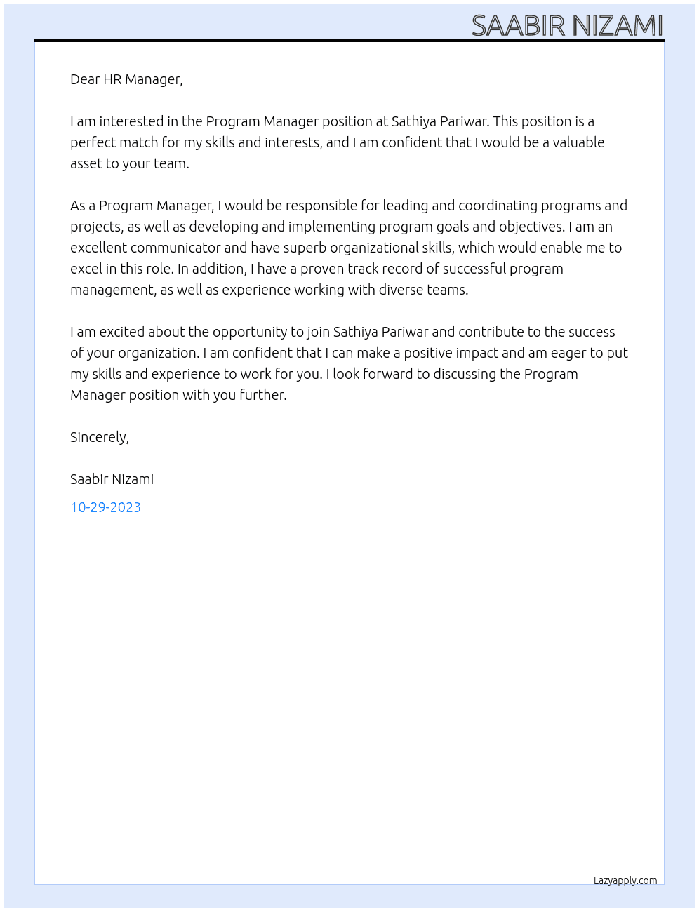 Program manager At Sathiya Pariwar Cover Letter