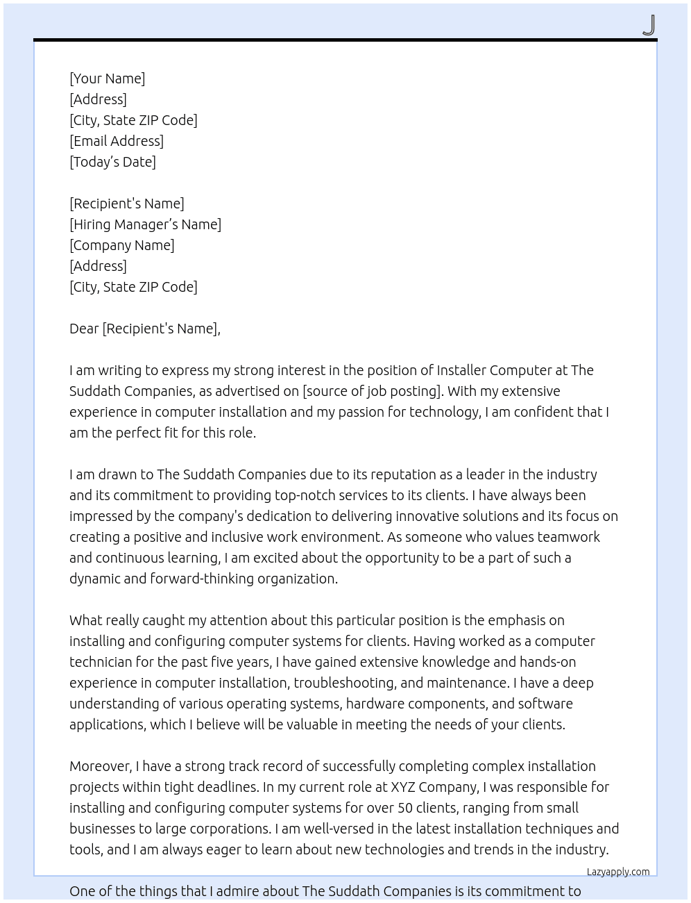 Installer Computer At The Suddath Companies Cover Letter