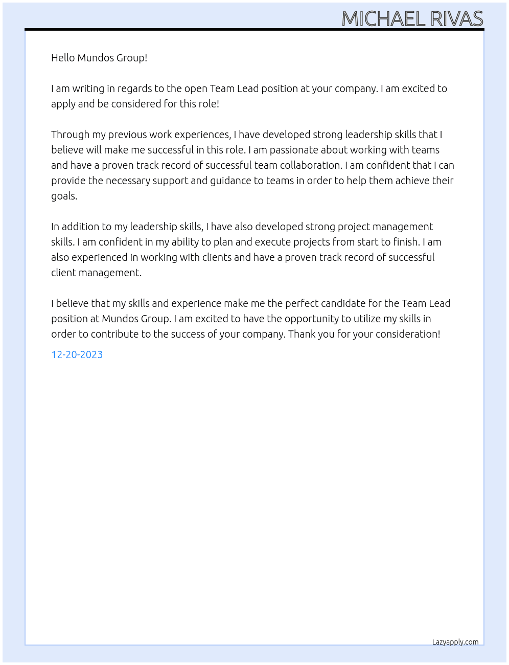 Team Lead At Mundos Group Cover Letter