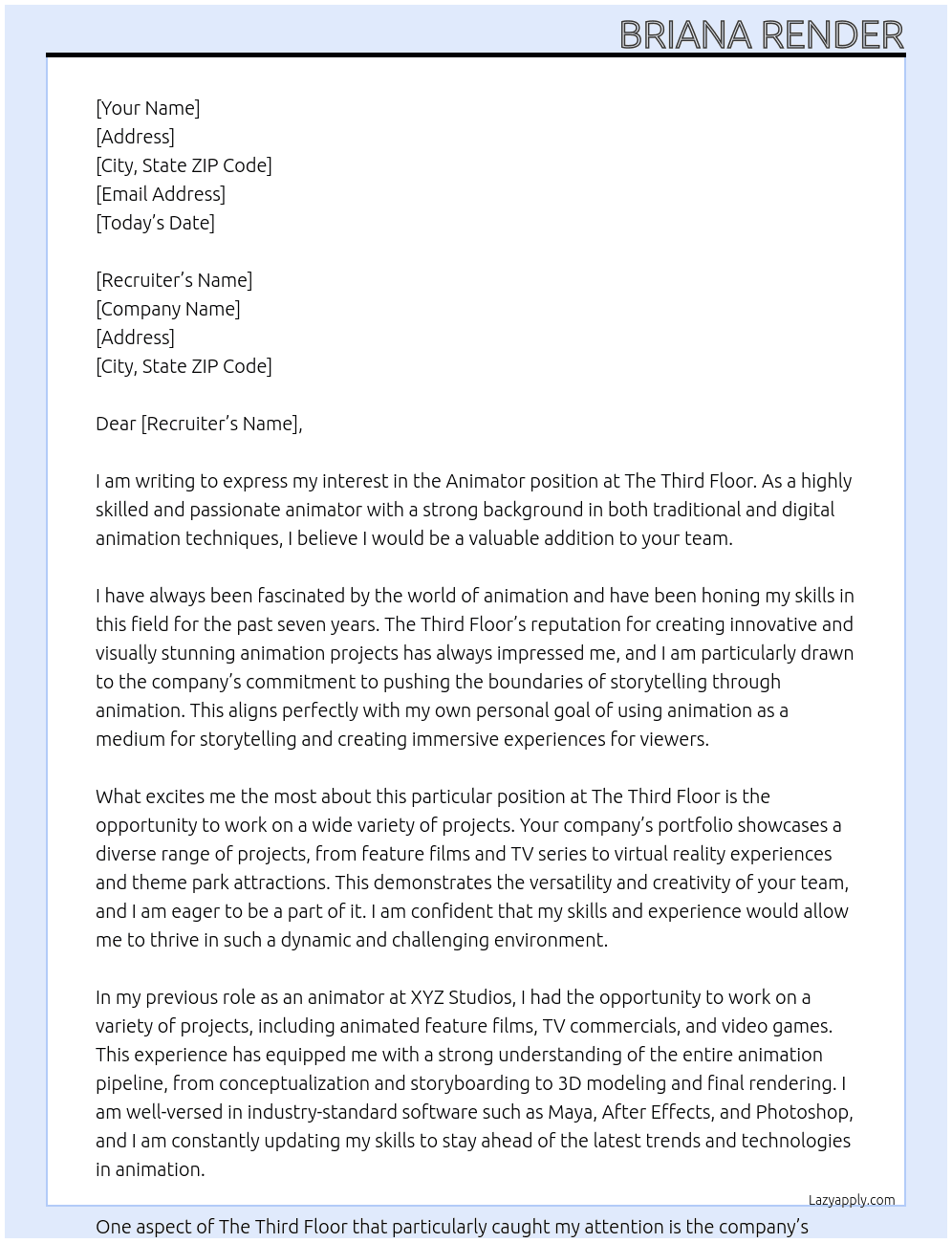 Animator At The Third Floor Cover Letter