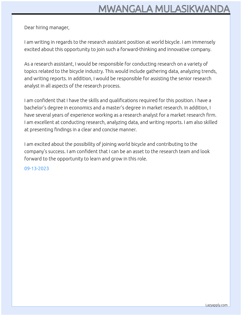 research assistant At world bicycle Cover Letter