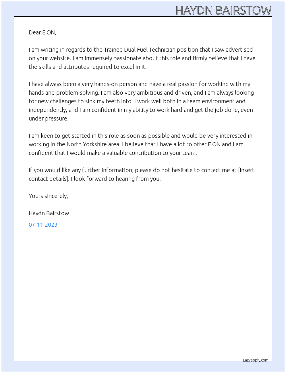 Trainee dual fuel technician  At E.ON  Cover Letter