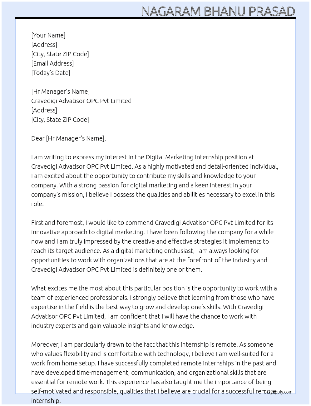 Digital marketing internship  At Cravedigi advatisor OPC Pvt limited  Cover Letter