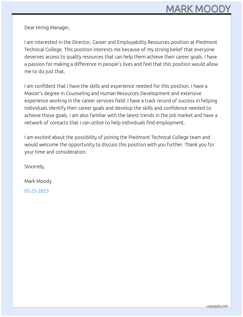 Director, Career and Employability Resources At Piedmont Technical College Cover Letter