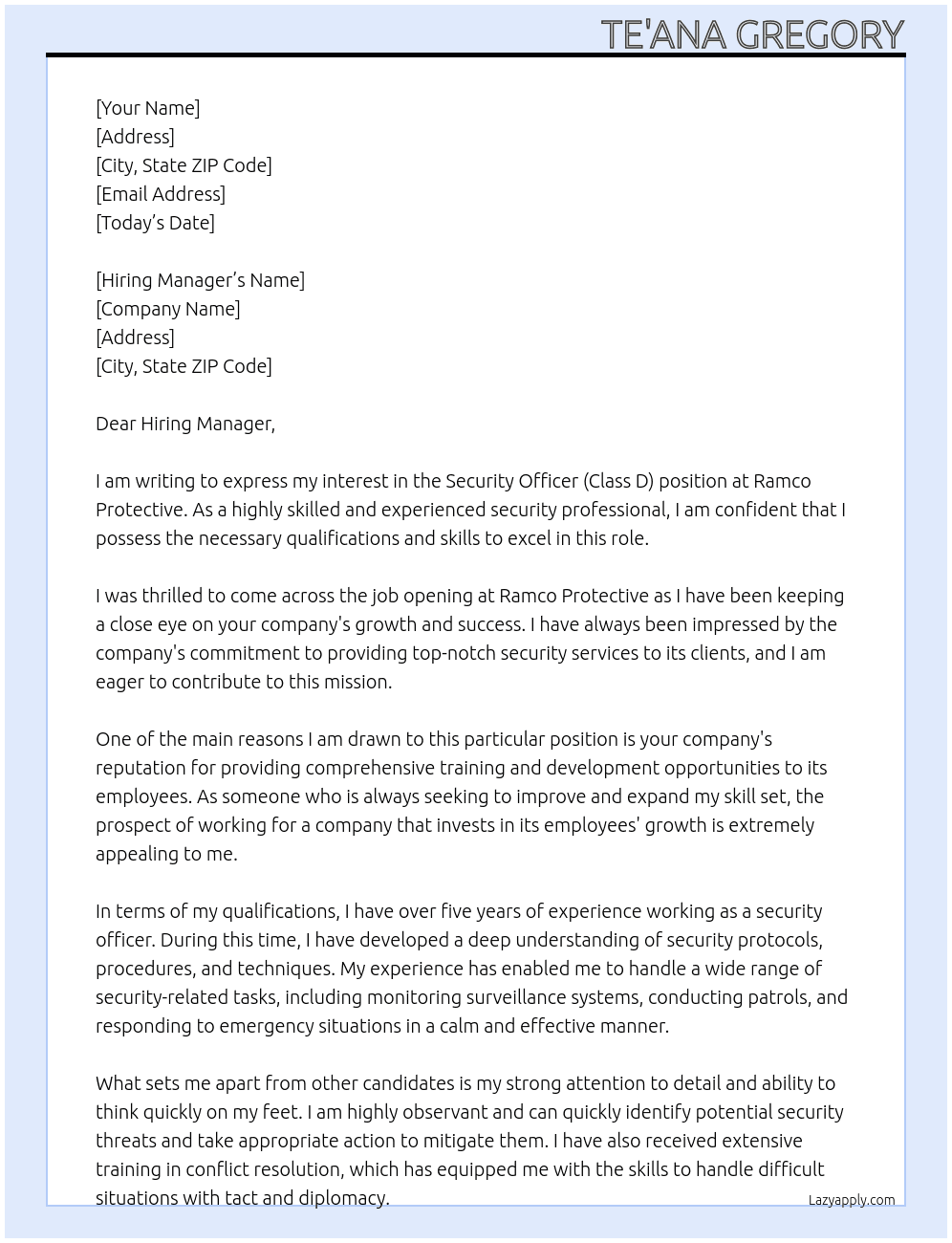 Security Officer (Class D) At Ramco Protective Cover Letter