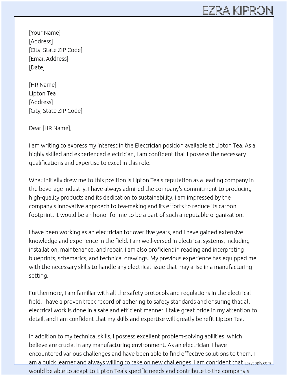 Electrician At Lipton tea Cover Letter
