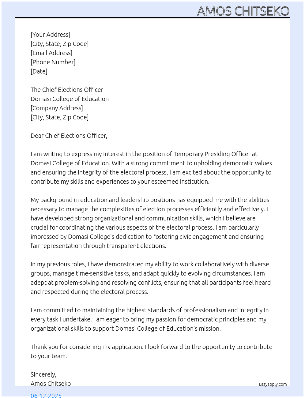 Temporary Presiding Officer At Domasi College of Education Cover Letter